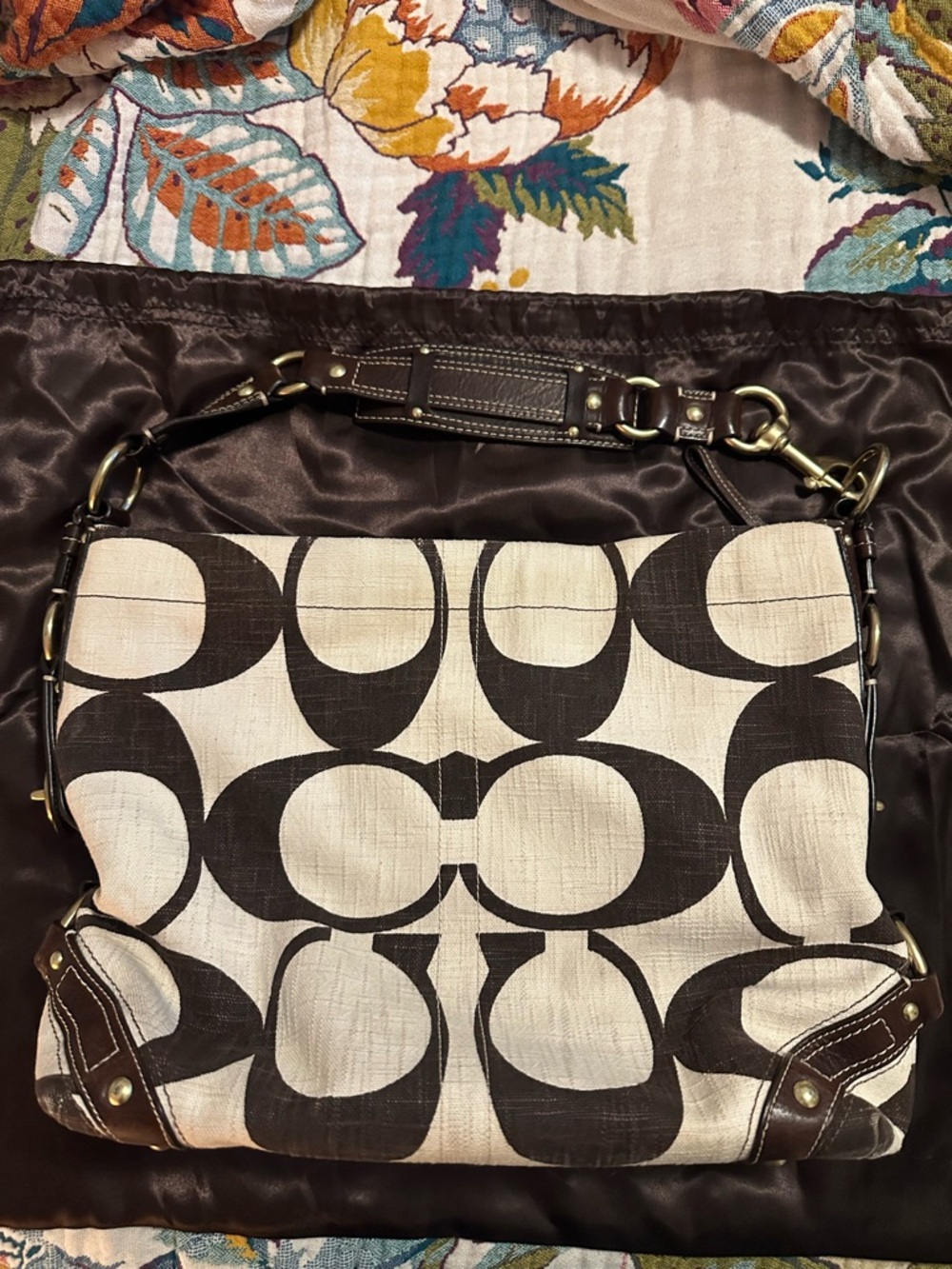 Vintage Coach Carly LARGE Beige and Brown Leather Trim Canvas Shoulder Bag Y2K